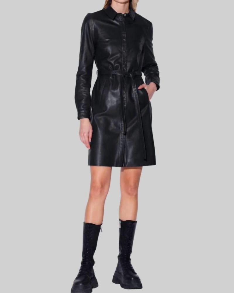 Front of a model wearing a size L Leather Dress In Black in Black by Walter Baker. | dia_product_style_image_id:359481